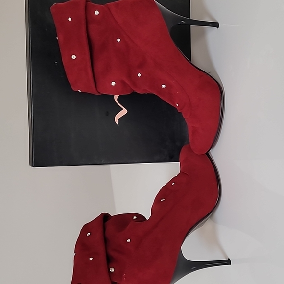 Nina Bazeel Red Stretch Microfiber Rhinestone Booties - Picture 2 of 8